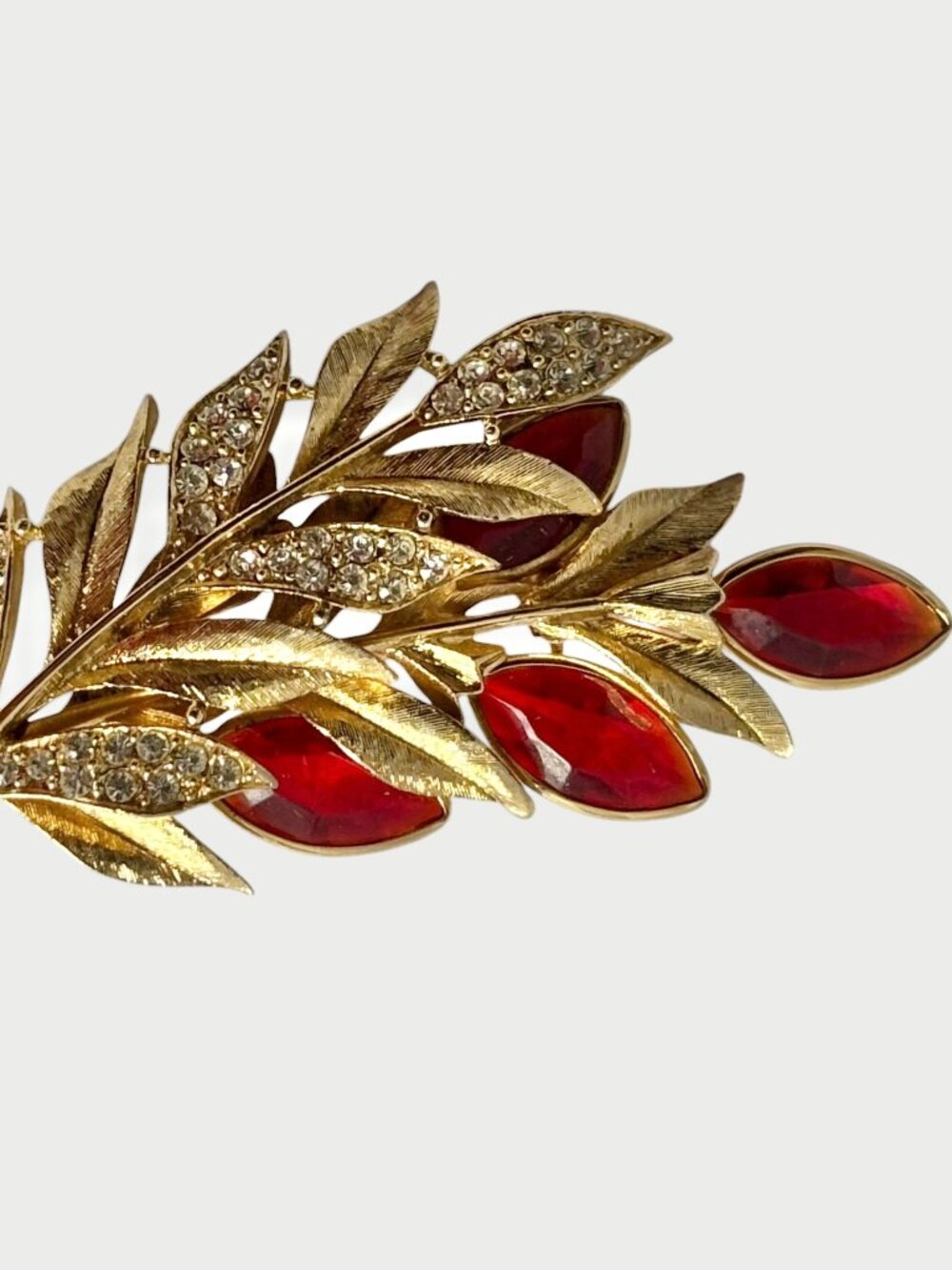Vintage Red & Clear Rhinestone Leaf Brooch